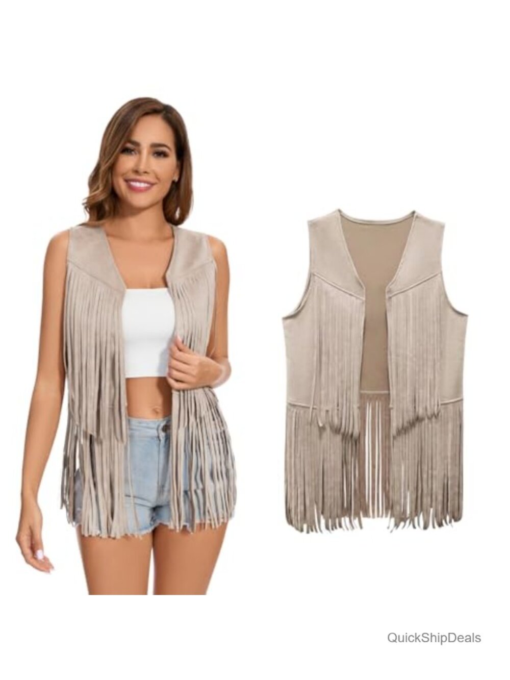 Faux Suede Fringe Vest 60s 70s Hippie Cowgirl Western Tassel Sleeveless